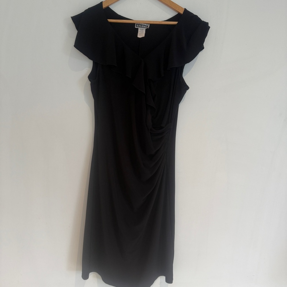 STUDIO Woman Sleeveless Black Dress V Neck Ruffle Front Size XL